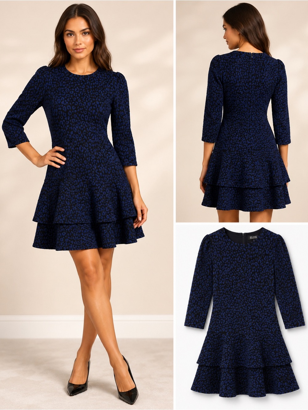 Michael Kors Navy & Black Leopard Jacquard Tiered Dress